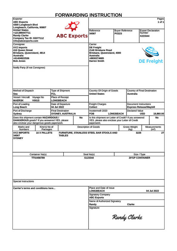 Forwarding instructions template